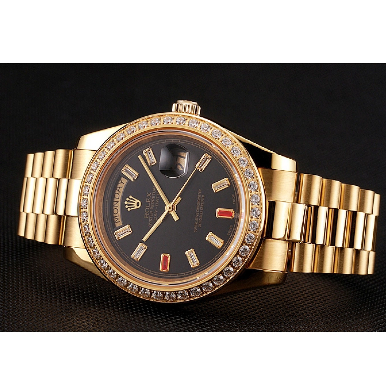 Aaa replica watch 1454101 Bracelet Dial Rolex Diamonds And Black Rubies Gold Swiss Day-Date 0518